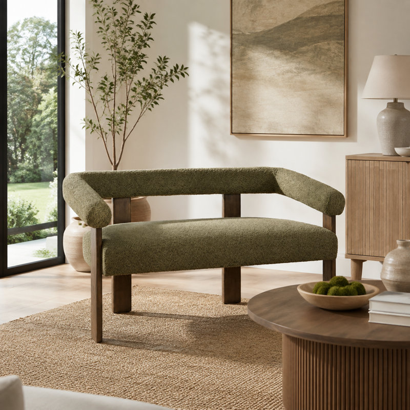 Canapé deux places incurvé avec accoudoirs arrondis, en tissu bouclé vert et marron, 135,3 cm (53,25 po), structure en bois d'hévéa