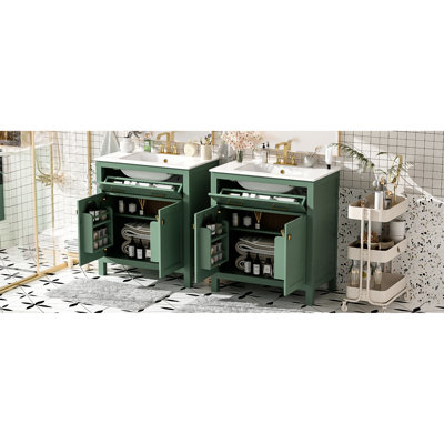 Armoire de salle de bain double 60 po, lavabos en céramique, tablette réglable, portes à fermeture en douceur, tiroir rabattable - salle de bain gracieuse, cachette pratique