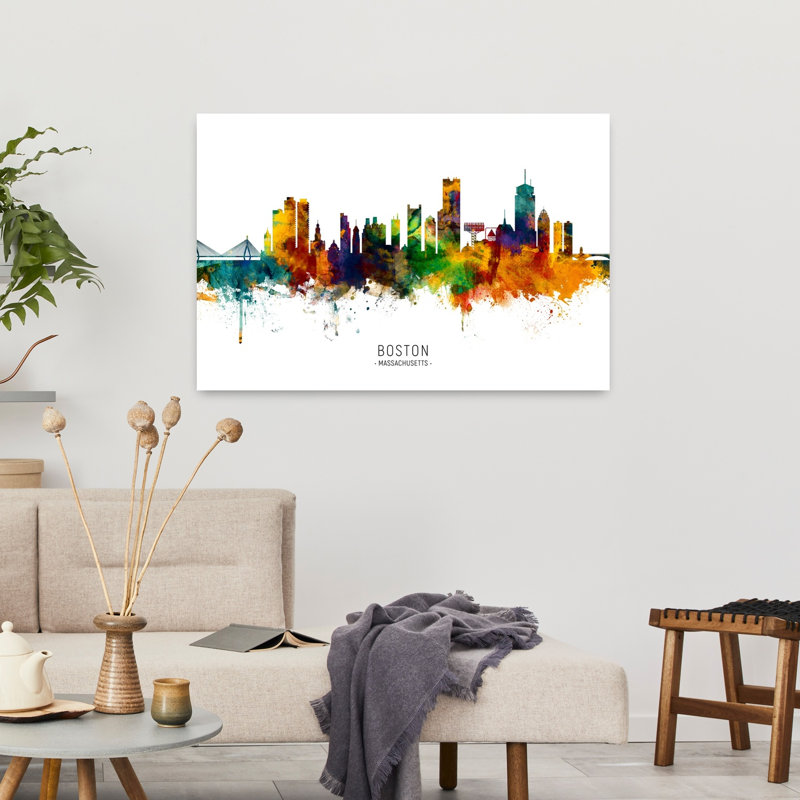 «Boston Watercolor Skyline Abstract Contemporary City Architecture», art mural, H 24 po x l 36 po