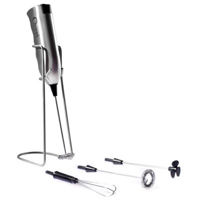 Deluxe Milk Frother & Whisk in Stainless Steel, with Stand and 4 Frothing Attachments