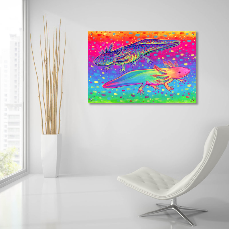 Art mural en verre Trinx «Rainbow Axolotls» par Rebecca Wang, H 24 po x l 36 po x P 0,2 po