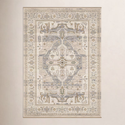 Abena Beige Gray Medallion Oriental Wool Rug