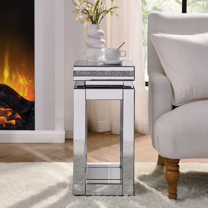 Table de bout en miroir avec incrustation de cristaux, petit canapé moderne à 2 niveaux avec rangement, table d'appoint argentée