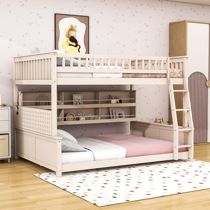 Lit superposé convertible en bois avec tablettes de rangement, Double TG sur grand, Beige