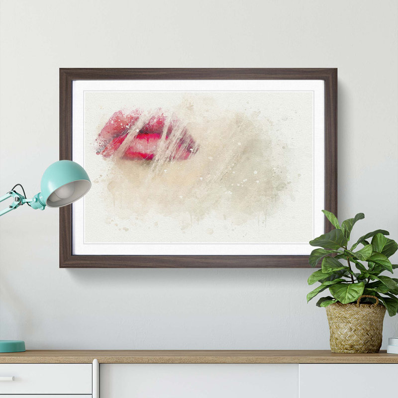Pink Lips in Abstract - Framed Print, 35cm H x 50cm W x 2cm D, Walnut