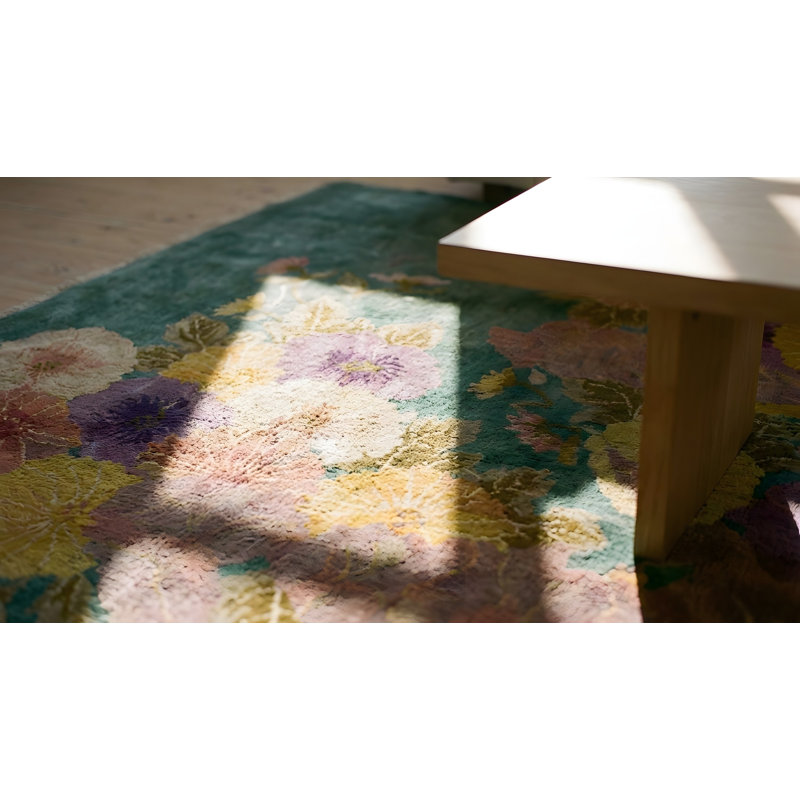 Tapis art déco chinois artistique à motif floral sarcelle