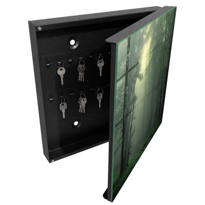 Wall mounted key box, Opens to the left, 30x30x5, Black, Green trees in the morning fog, 