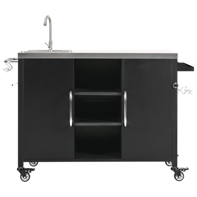 55.5" Outdoor Kitchen Island with Sink, Metal Grill Cart Table with 304 Stainless Steel Sink, Outdoor Bar Cart Sink Station with 4 Lockable Wheels for Pizza Prep & BBQ