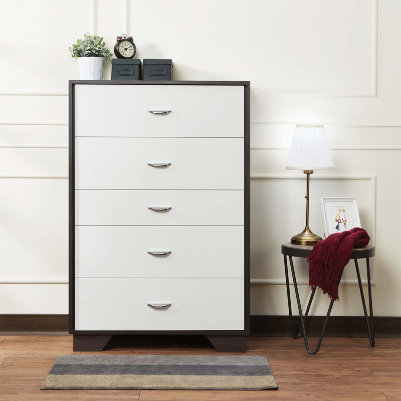 Chatrice 5-Drawer Rectangular Chest, White/Silver