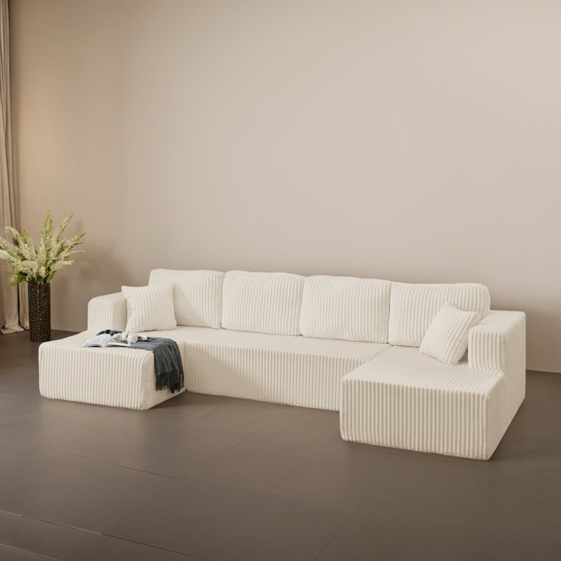 Canapé modulaire en U rembourré de 132,5 po avec méridienne pour salon, Velours côtelé beige