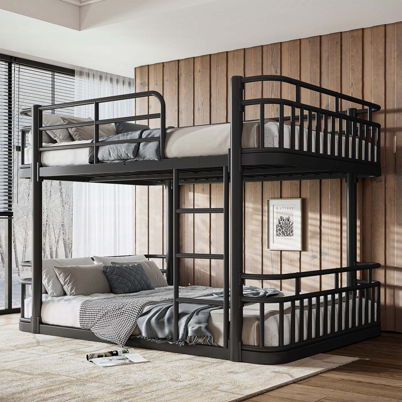Lit superposé double au-dessus de double avec échelles et garde-corps, structure en métal à tuyaux ronds améliorés, élégant et polyvalent pour toutes les pièces, adolescents et adultes, noir