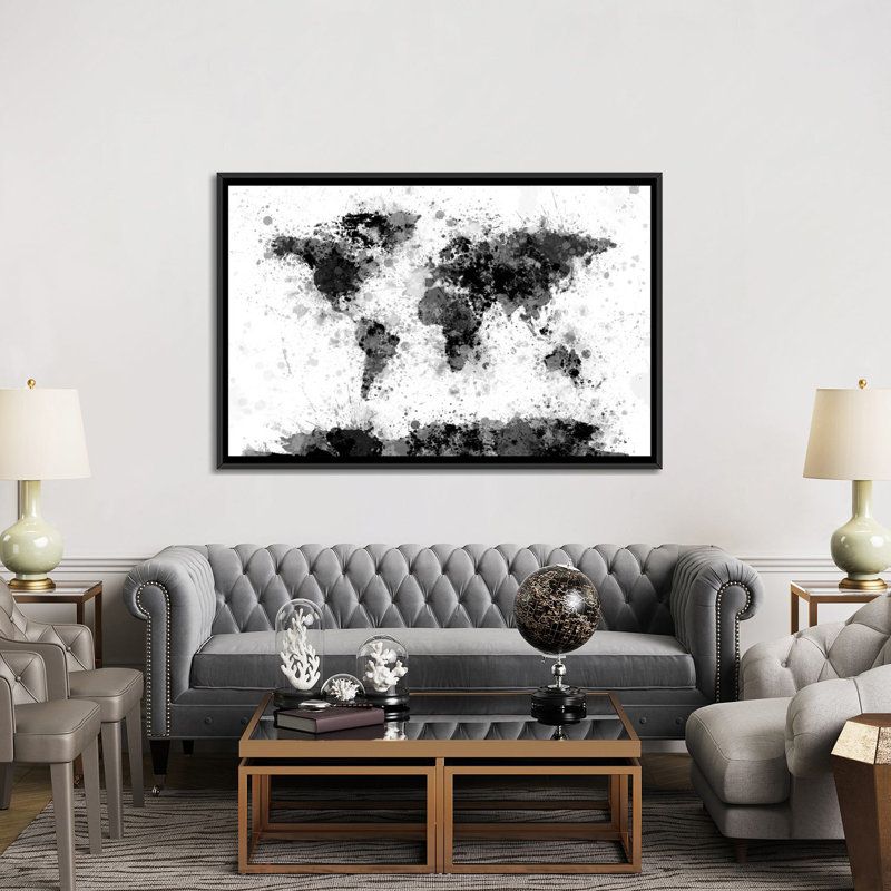«World Map Series: Ink Blot», impression sur toile tendue, H 40 po x l 60 po x P 1,5 po, Toile avec cadre noir, Pas de tapis