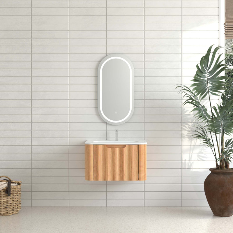24" Wall-Mounted Floating Bathroom Vanity Pre-Assembled Curved Edge Storage Bathroom Cabinet With Ceramic Basin, 24"