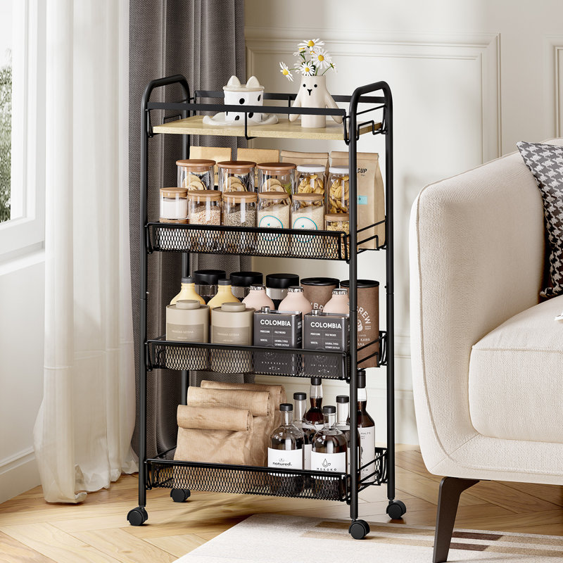 4-Tier Rolling Cart,Metal Utility Cart with Wooden Tabletop,Salon Trolley Cart,Storage Cart,Metal Cart,Printer Stand, Black