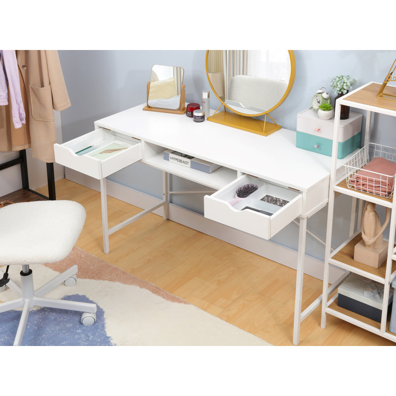 Hakes 47" Wooden Writing Desk with Drawers & Metal Frame, White