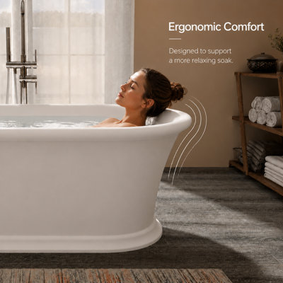 61" Solid Surface Freestanding Soaking Tub with Roman-Inspired Fluted Base, Matte White Stone Resin