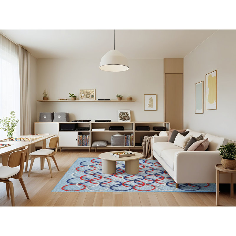 Tapis bleu à motif géométrique, Rectangle 7 pi x 9 pi