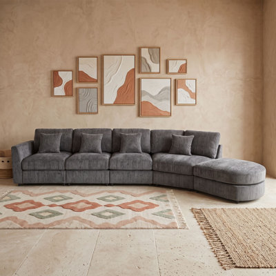 5-Seater Oversized Curved Modular Sectional Sofa with Chenille Upholstery and Throw Pillows