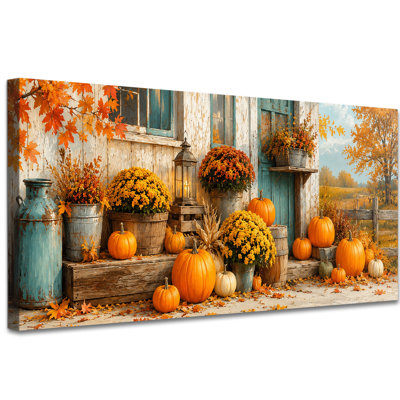 Fall Canvas Wall Art, Autumn Rustic Farmhouse Painting Pictures Artwork for Home Decor, Living Room Bedroom Wall Decor with Pumpkins Mums Lantern Barn