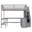 Lit mezzanine double avec bureau intégré en forme de L et tablettes de rangement à trois niveaux, et escalier de rangement attaché, gris