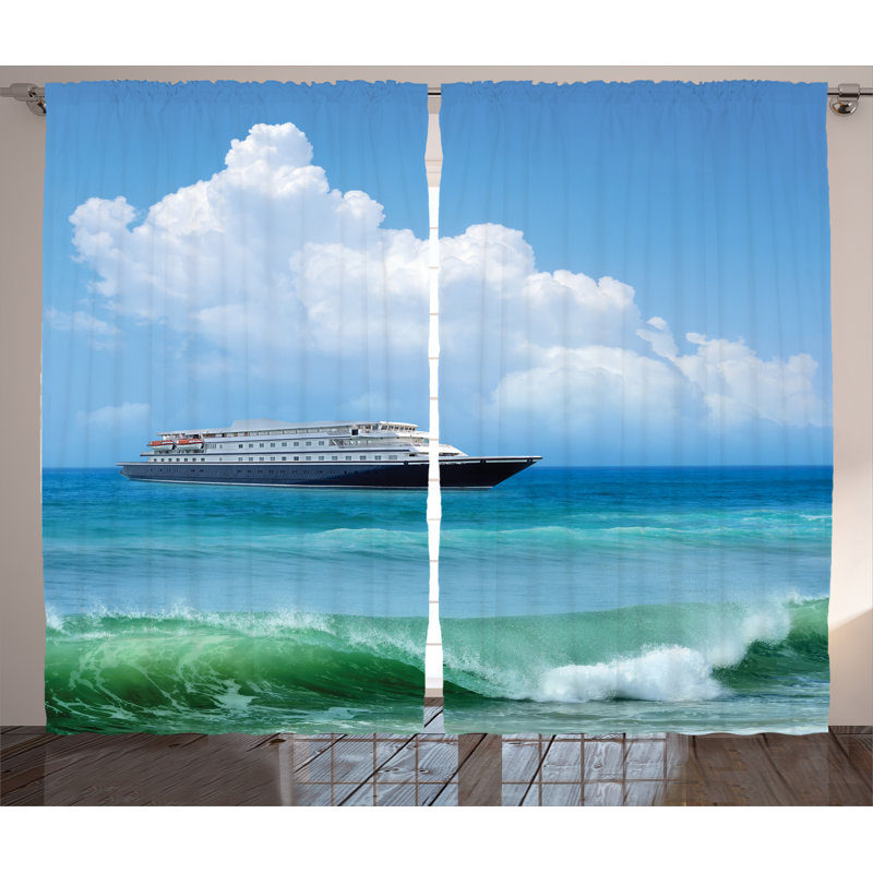 Traveling View of Ship Graphic Print Semi-Sheer Rod Pocket Curtain Panels, 54" x 90"