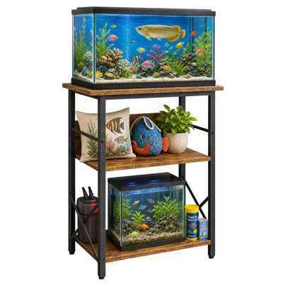 Support pour aquarium de 38 litres (10 gallons), support à 3 niveaux avec étagères de rangement, structure en bois de fer et métal renforcé avec pieds réglables.