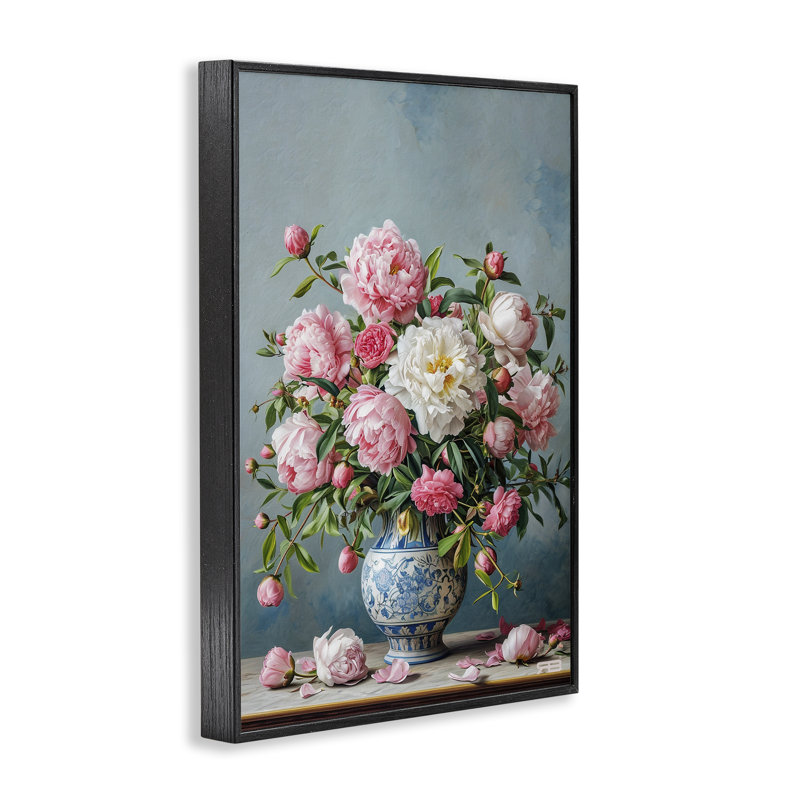 Vase plein de pivoines, estampe numérique encadrée par Roozbeh Bahramali, Giclée encadrée noir minuit, H 24 po x l 16 po