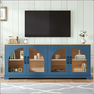 Farmhouse TV Stand with Semi-Arched Glass Doors for TVs up to 70 Inches