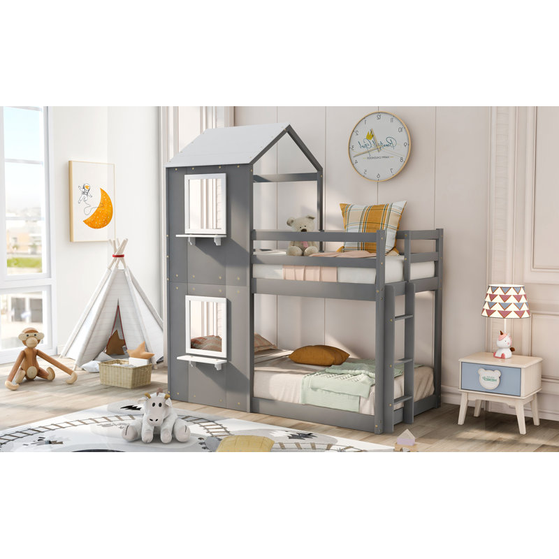 Willow Bunk Bed With Roof, Playhouse Design, Pinewood Frame, Grey