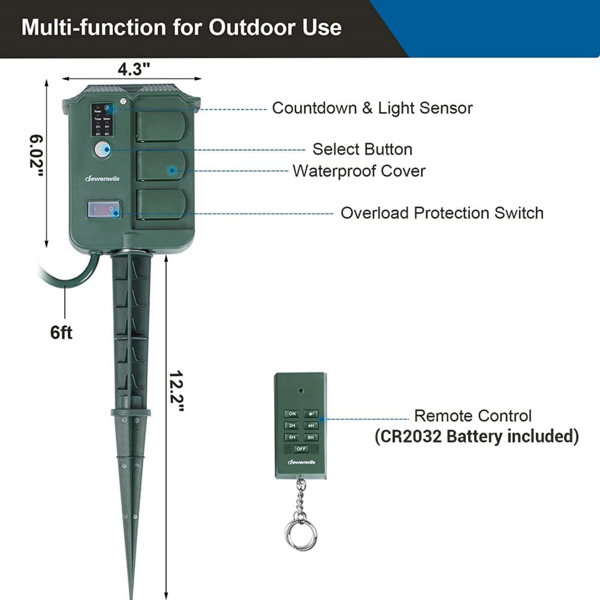 6 Outlet UL LISTED Outdoor Yard Stake Remote Control Light Sensor