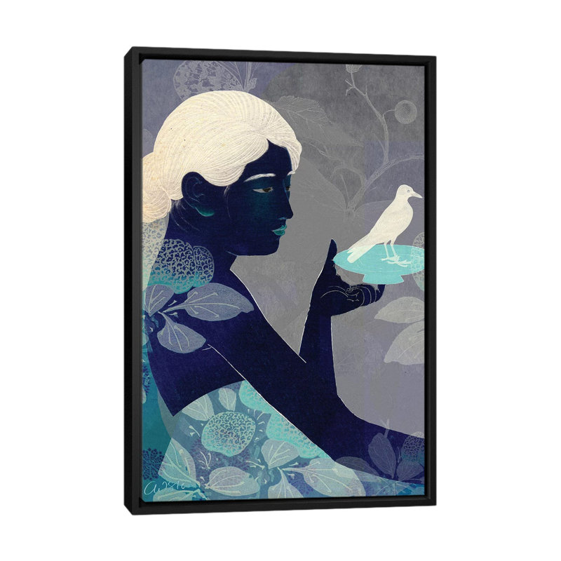 «Bird on a Plate» par Catrin Welz-Stein - reproduction, H 40 po x l 26 po x P 1,5 po, Toile avec cadre noir, Pas de tapis