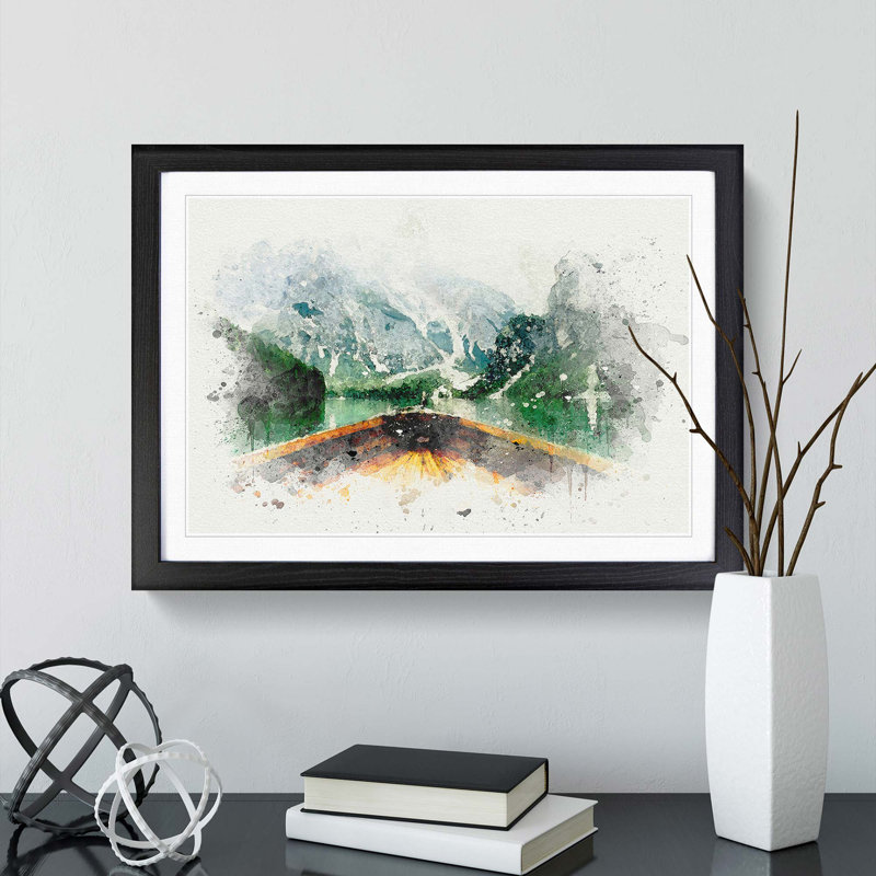 Boat in Lago Di Braies Italy in Abstract - Picture Frame Painting Print, Black Framed, 36cm H x 48cm W x 2cm D