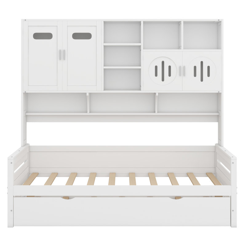 Wooden Daybed With Trundle, And All-In-One Cabinet And Shelf, White, Twin