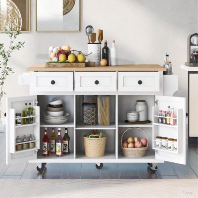 Chariot de cuisine avec comptoir à abattants en bois d'hévéa, supports de rangement internes pour porte d'armoire, îlot de cuisine sur 5 roulettes avec armoire de rangement et 3 tiroirs pour la salle à manger