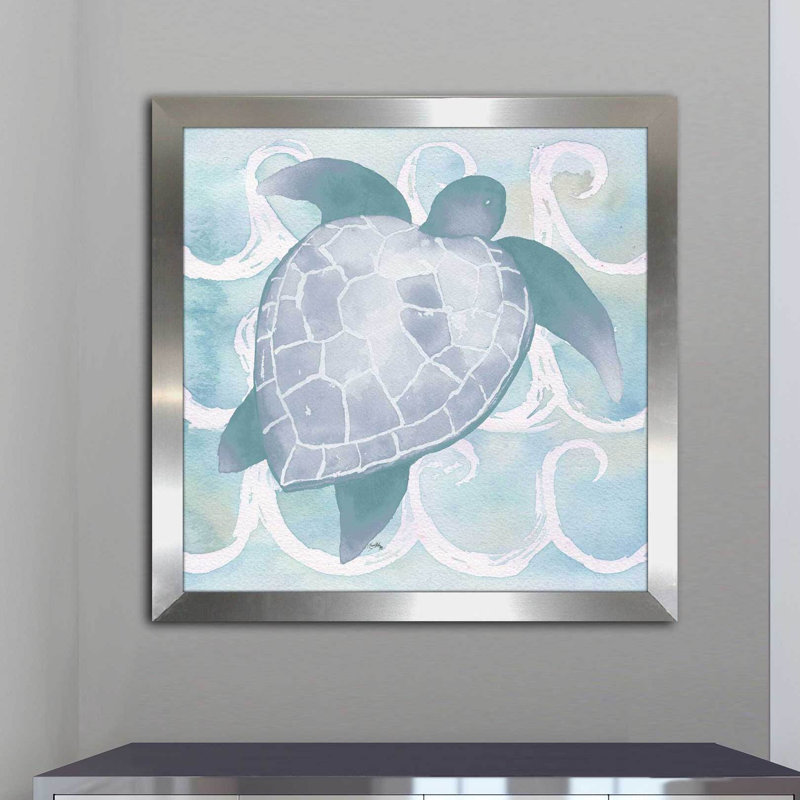 «Azure Sea Creatures II», reproduction de peinture à l'aquarelle, H 31,5 po x l 31,5 po x P 1 po, Encadrement argenté