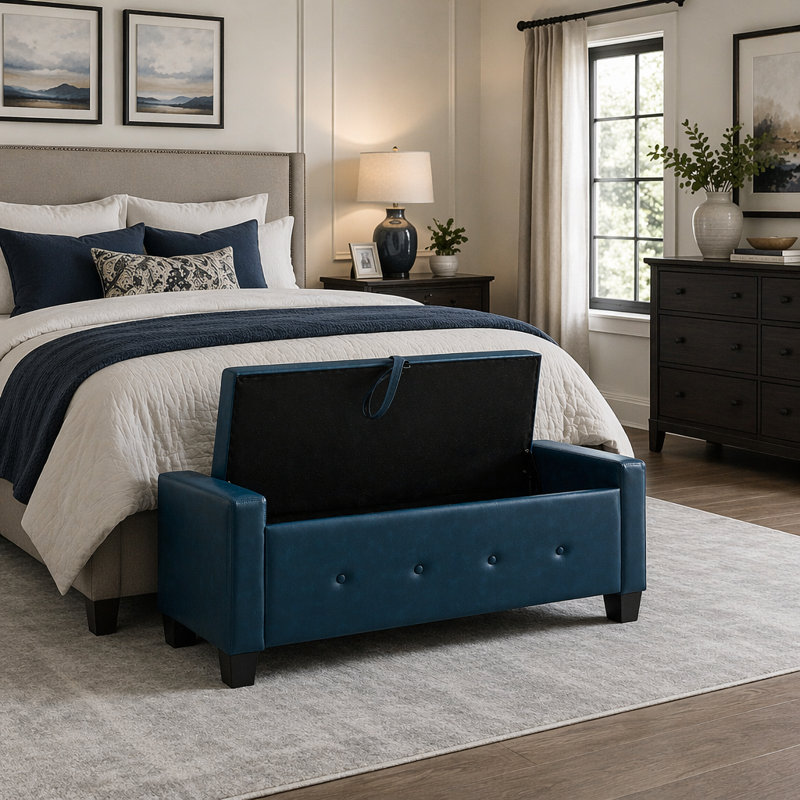 Banc de rangement polyvalent en similicuir de 48 pouces, parfait pour la chambre à coucher, le salon et le couloir, Blue