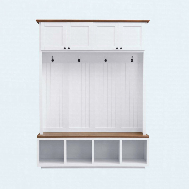Hall Tree MDF Entryway Storage Bench with Cabinets, Open Cubbies & Coat Rack Hooks, Farmhouse 4-in-1 Hall Tree for Living Room & Mudroom