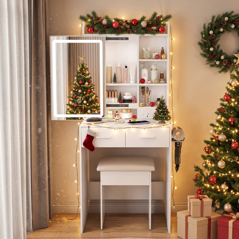 Ensemble de meuble-lavabo compact avec miroir lumineux à DEL réglable, rangement caché et tabouret rembourré, prise de courant intégrée, coiffeuse compacte pour petite chambre à coucher, blanc