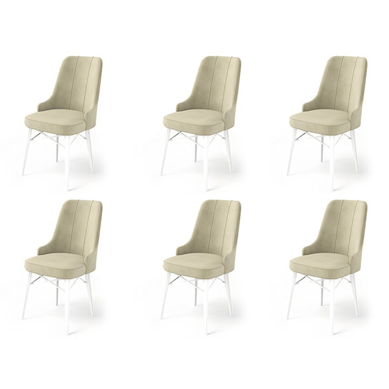 Ensemble de chaises modernes scandinaves (6 pièces), crème et blanc, 18,1 x 37,0 x 18,1 pouces | Structure 100% métal avec pieds en bois, dossier en mousse 18 pouces et siège en mousse 22 pouces | Élégant et confortable pour la salle à manger, le salon et le bureau