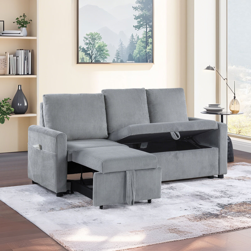 70"W Corduroy Sofa With Pull-Out Chaise & Underseat Storage,Gray