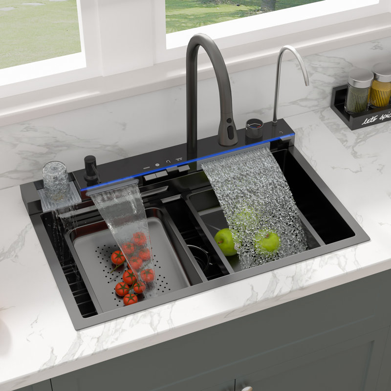30 in. Drop-In Waterfall Kitchen Sink Stainless Steel Single Bowl Ledge Workstation Sink, Gunmetal Black