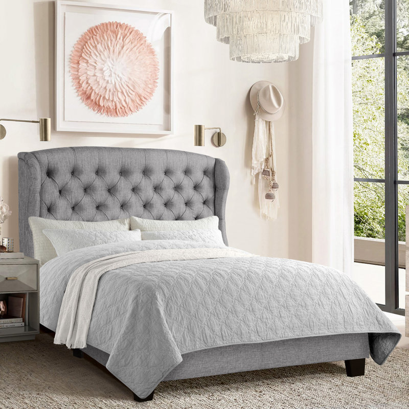 Lit plateforme tapissier Virginia, Gris clair, Lit simple