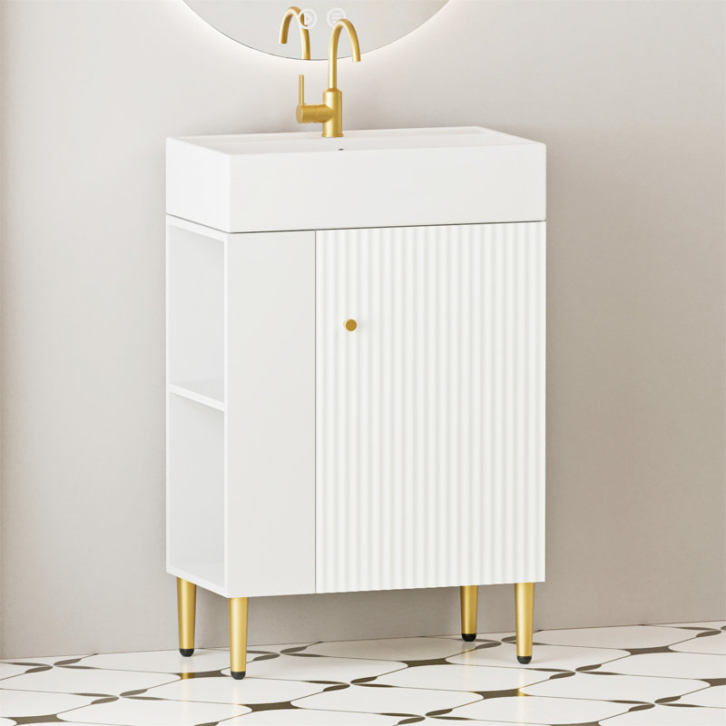 Meuble-lavabo à tablettes ouvertes 21,6 po avec lavabo en céramique et porte à fermeture douce, Doré