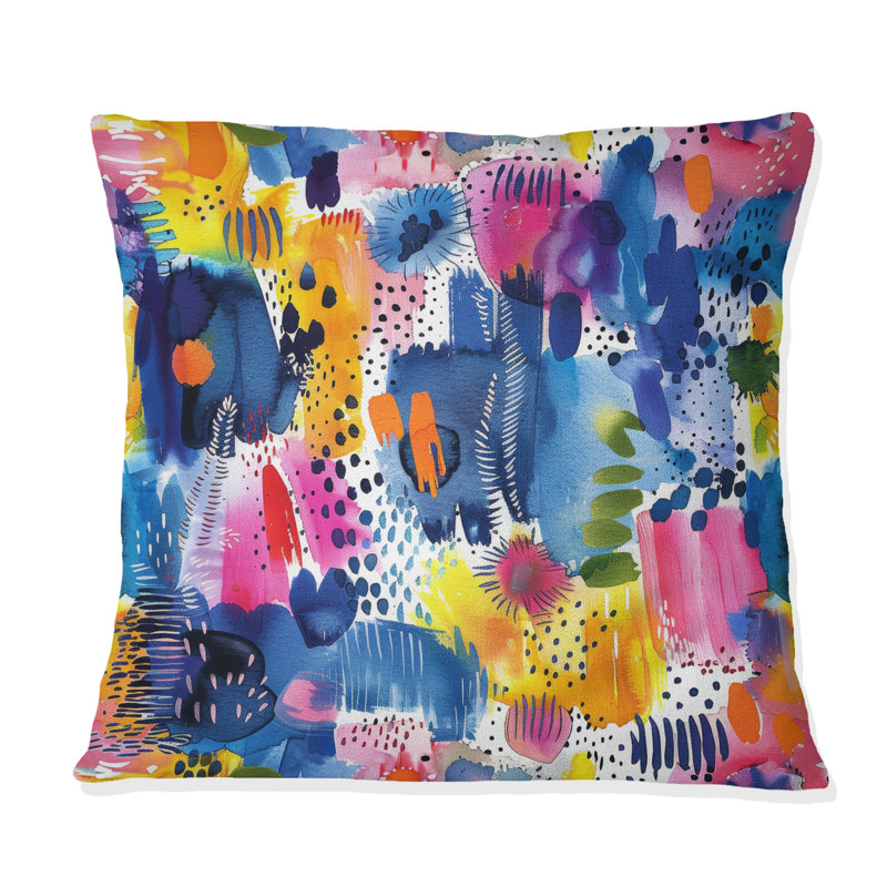 Illustration d'aquarelle abstraite bleue et rose - Coussin décoratif abstrait, H 18 po x l 18 po
