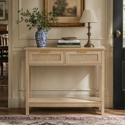 Console en rotin avec 2 tiroirs de rangement, table d'entrée en rotin avec porte coulissante en rotin naturel, table console pour salon, bureau, entrée ou mur télé