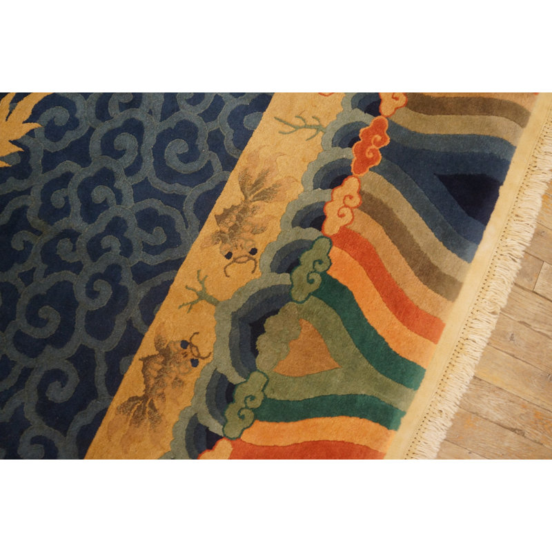 Tapis bleu antique multicolore en laine Art déco