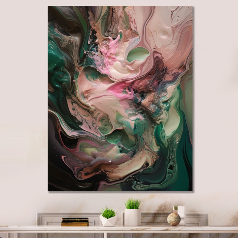 Rose et vert, monde intérieur de marbre IV - art mural abstrait géométrique, H 32 po x l 16 po x P 1 po, Toile tendue