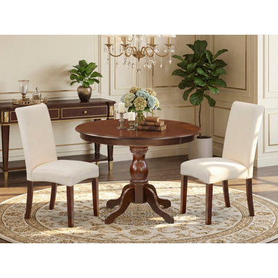 3 Piece Dining Room Furniture Set Contains a Round Dining Table with Pedestal and 2 Cream Linen Fabric Upholstered Parson Chairs, Mahogany
