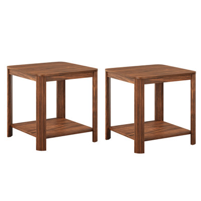 Ensemble de 2 tables de bout arrondies de coin avec table de chevet carrée de 22,1 po avec pieds à vagues verticales, table d'appoint Boho à 2 niveaux pour le salon, la chambre à coucher et le bureau personnel (noyer)