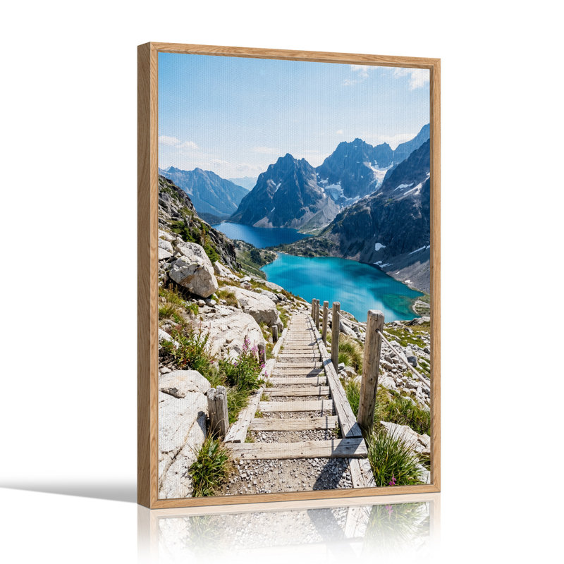 Art mural en bois, escalier en bois jusqu'au lac de montagne turquoise, H 36 po x l 24 po